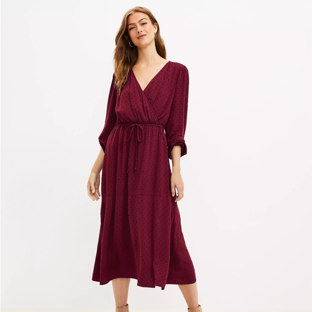 LOFT Petite Swiss Dot Midi Wrap Dress